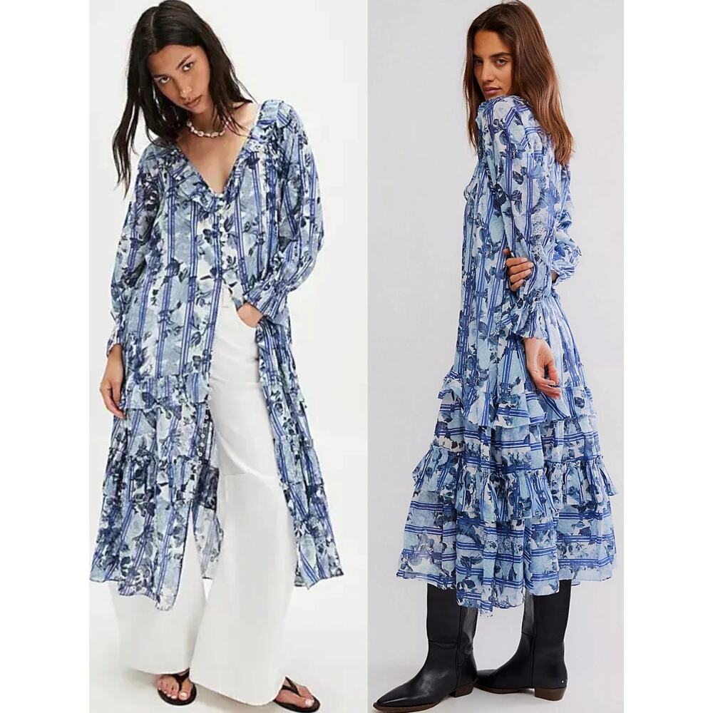 Free People Blue Floral Tiered Maxi Dress
